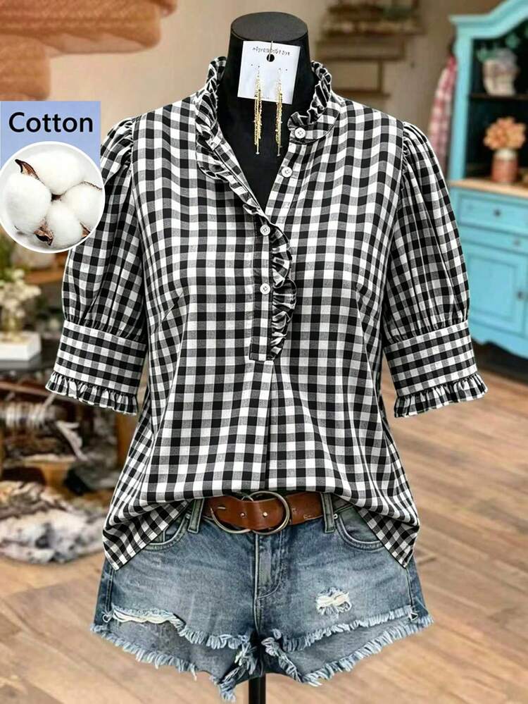 Linhara Plus Size Women's Summer Ruffle Trim Green Gingham Vacation Casual Style Blouses ,Green Gingham Top Plaid Top Fall - Black - View 3