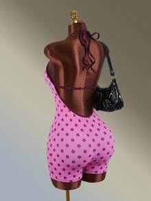 Amplova Women's Polka Dot Print Halter Neck Backless Sports Romper Seamless Pink Backless Fitness Gym Sexy Workout Going Out Daily Wear Sport Jumpsuit Fashion - Pink - View 7