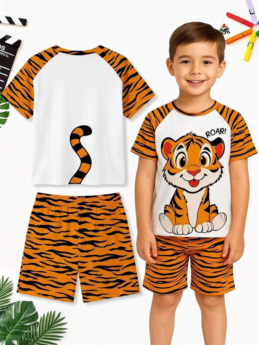 Young Boy Casual Minimalist Cartoon Print Short Sleeve T-Shirt And Shorts Set - White - View 1