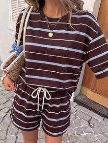 SHEIN LUNE 女款圓領落肩上衣與抽繩短褲休閒兩件套，夏季休閒穿搭，復古棕藍條紋，通勤穿搭、音樂節、海灘度假穿著，女款夏季套裝 - 彩色 - 查看 5