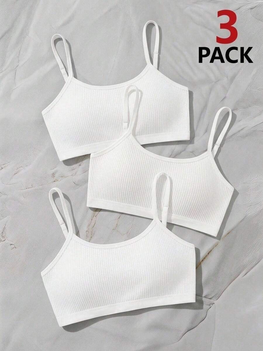 SHEIN 3pcs/Set Tween Girls' Black, White, Pink Simple Casual Padded Comfortable Bras Fall Winter - White - View 1