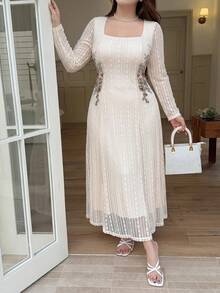 Feyla Plus Size French Elegant Embroidered Long Sleeve Square Neck Evening Wedding Guest Party Dress Wedding Beige Autumn - Apricot - View 5