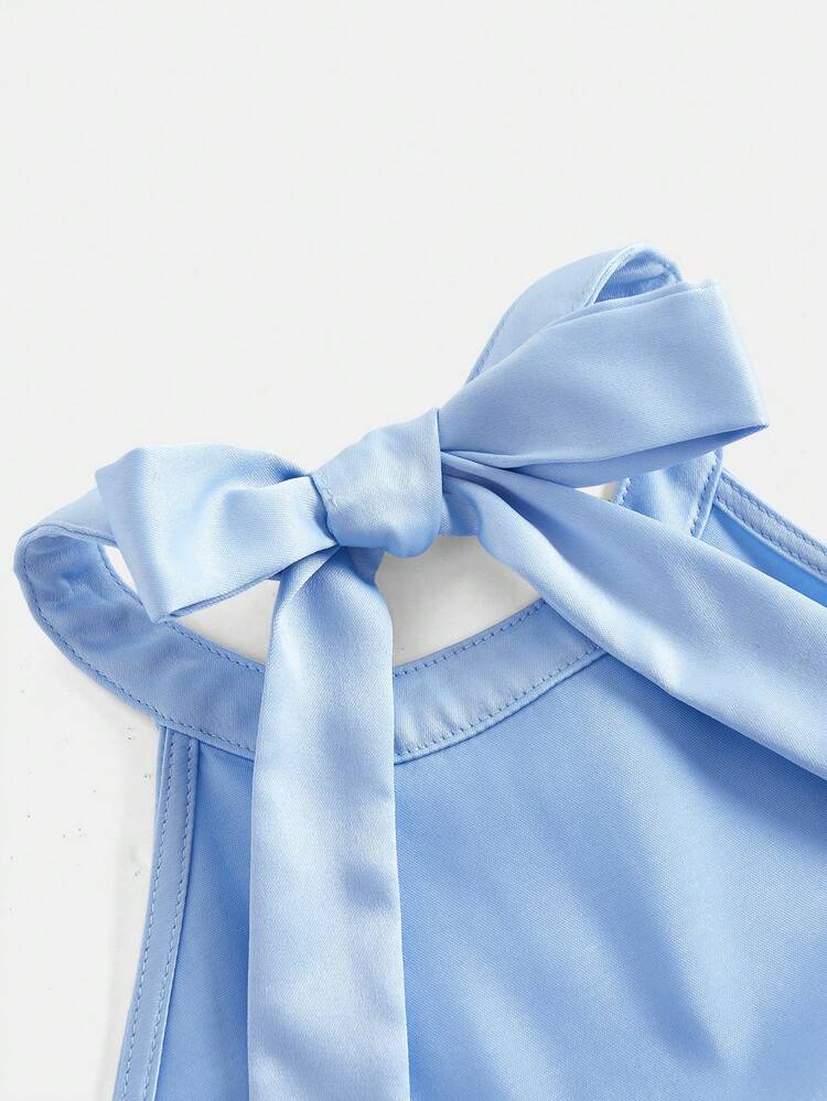 Pitira Tween Girl Partywear Wedding Flower Girl Elegant Ball Gown Dress, Blue Satin Halter Neck Waist Pleated Frill Trim 3D Flower Long Pants Dress, Middle To Older Tween Girl Evening Gown, Girls Back To School Fashion Long Dress - Baby Blue - View 7