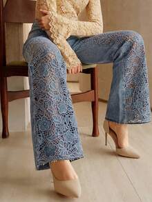 Anewsta Women's Sexy Hollow-Out Embroidered Straight-Leg Pants, Vacation Summer Promotion, Blue - Blue - View 1