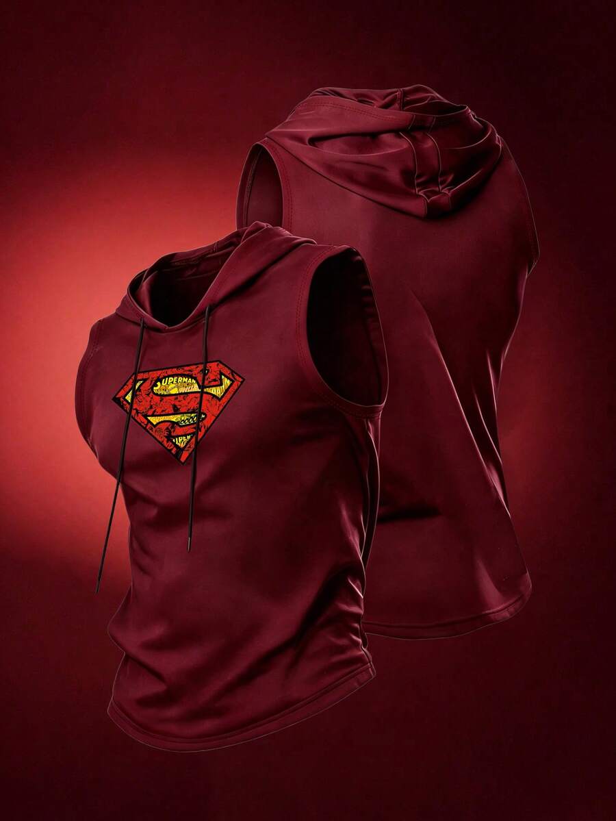 SUPERMAN X SHEIN 男士夏季連帽運動背心 - 酒紅色 - 查看 1