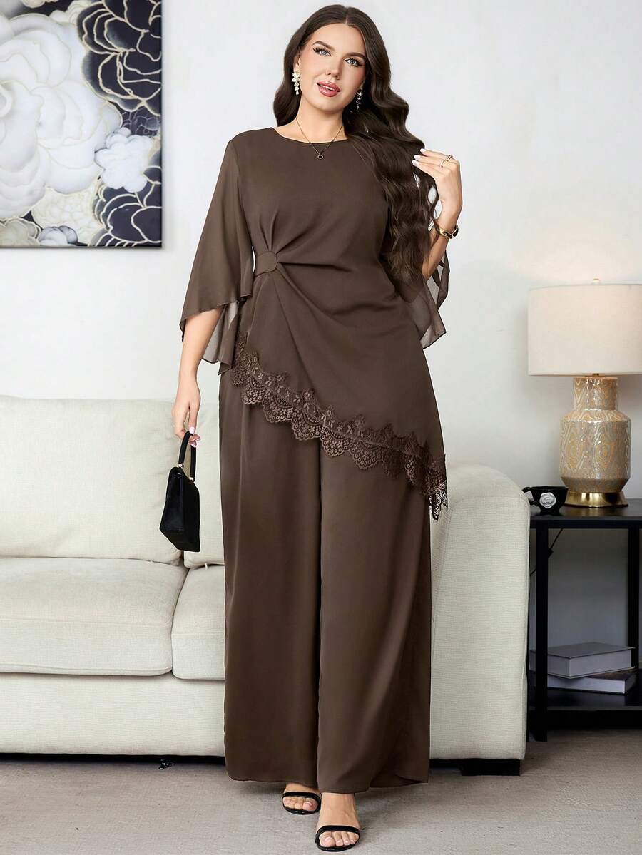 Reflora Plus Size Solid Color Lace Patchwork Asymmetrical Hem Top And Pants 2 Pieces Set Wedding Dinner Formal Evening Chocolate Brown Autumn Elegant