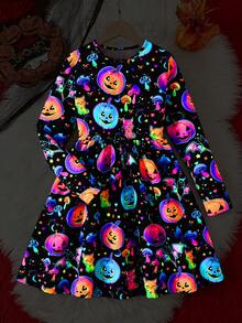 Kids Tween Girls Casual Single Piece Fun Halloween Pattern Knit Dress, Autumn/Winter Season, Halloween Girls Dress - Black - View 6