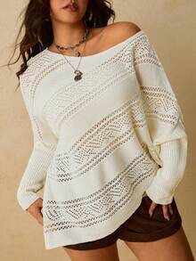 Freevana Plus Size Batwing Long Sleeve Asymmetric White Pointelle Knit Sweater With Slouchy Neck Ribbed Cuffs Diagonal Hem For Autumn Formal Vacation Bohemian - White - View 9