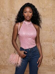 SHEIN Women's Sequin Patchwork Solid Color Elegant Fashion Sleeveless Blouse Party Night Club Light Pink Summer - Pink - View 3