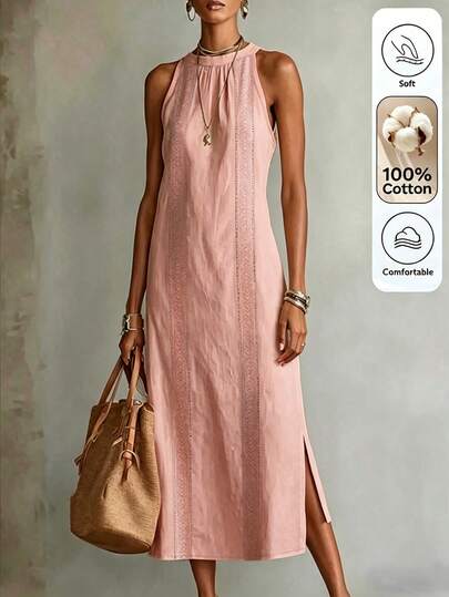 Omancia Women's Summer Solid Dusty Pink Lace Long Casual Tropical European Elegant Vacation Dress Vacation Vacation Brunch