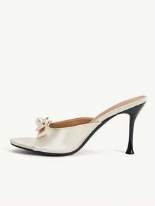 CUCCOO CHICEST Nouvelles chaussures à talons hauts pour femmes à bout rond, sandales à talons aiguilles, nœud en perles, tissu satin, couleur abricot, mode élégante, pour rendez-vous, fête, mariage, printemps et été - Nude - Voir 5