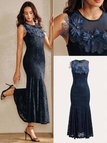 Anewsta Summer Holiday Romantic Lace Splice Mesh Collar Delicate Floral Decor Fishtail Hem Party Elegant Dress For Women - Navy Blue - View 3