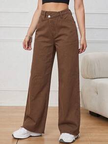 SHEIN ICON 女款不對稱腰頭口袋休閒牛仔褲 - 棕色 - 查看 5