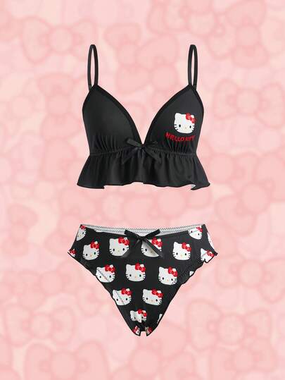 HELLO KITTY AND FRIENDS | SHEIN Women's Cute Cartoon Print Ruffle Trim Bra And Bow Decor Triangle Panty Lingerie Set