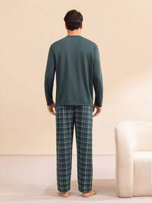 SHEIN Men's Casual Plaid Loungewear Set - Olive Green - View 2