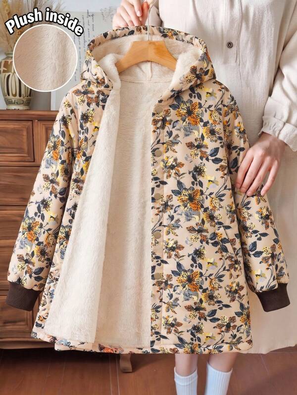 Girls' Gentle Beige Base Vintage Yellow-Brown Floral All-Over Print Jacket, Loose Hooded Mid-Length Fit, Ribbed Cuffs, Student Casual Floral Jacket For Daily Wear, Commuting And Travel, Snug Fit Autumn/Winter