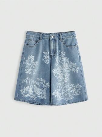 Sweetness Damen Lässig Alltags Denim Shorts mit Taschen, Knöpfen und Landschaftsmuster