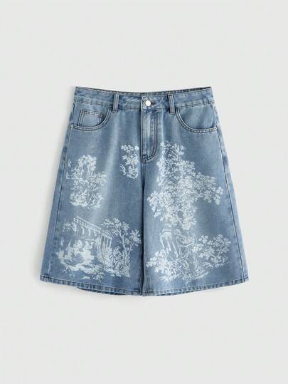 Sweetness Celana Pendek Denim Kasual Wanita untuk Sehari-hari dengan Saku, Kancing, dan Motif Pemandangan