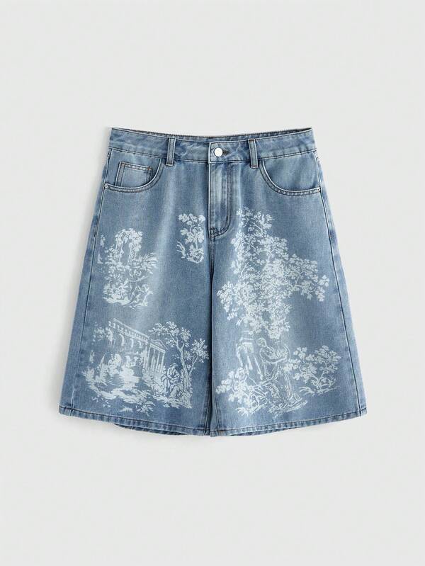 Sweetness Women's Casual Daily Denim Shorts With Pockets, Buttons And Landscape Pattern