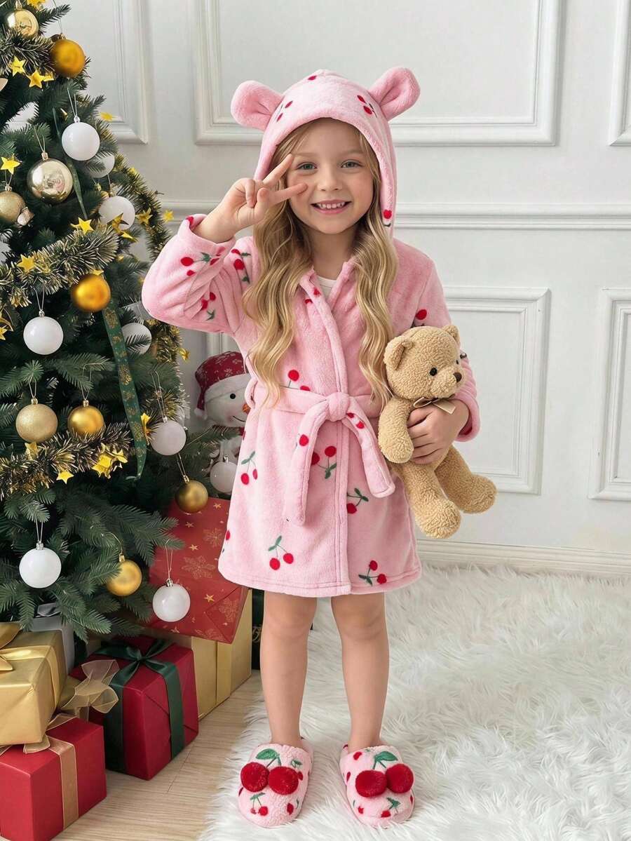 SHEIN Young Girl Young Girl Cute Comfortable Hooded Robe (With Detachable Belt) Cherry Print Pink Cute Towel Bath Comfy Soft Warm Winter Spring Autumn Casaul - Pink - View 1