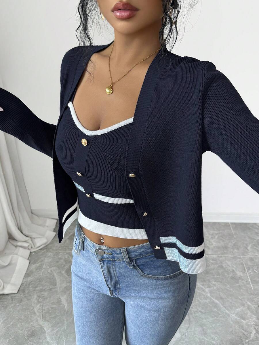 SHEIN Elenzya Women's Autumn/Winter Striped Knit Cardigan And Camisole Knit Vest 2 Pieces Set - Navy Blue - View 1