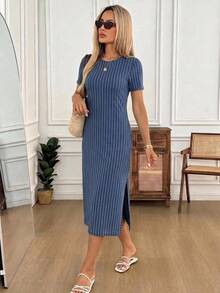 SHEIN LUNE 女款極簡日常條紋圓領短袖側開衩洋裝 - 彩色 - 查看 6