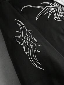 ROMWE MEN Street Life 男士刺繡口袋對比色長袖連帽衫 - 黑色 - 查看 5