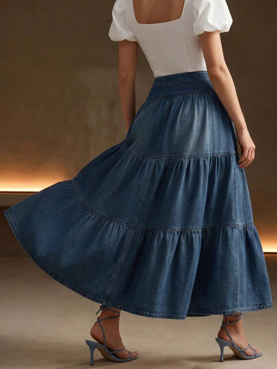 Anewsta Street Casual Versatile Loose A-Line Button-Front Denim Skirt, Minimalist Classic Retro Style, Summer Ultra High Waist Slimming Tiered Cake Denim Skirt