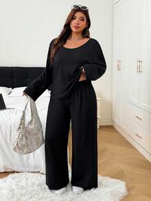 SHEIN EZwear Plus Size Women's Solid Color Round Neck Long Sleeve Top And Pants Casual Daily 2-Piece Set Fall - Black - View 5