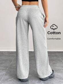 SHEIN PETITE Celana Sweatpants Wanita Rajut Polos Nyaman dan Kasual dengan Pinggang Rendah dan Kaki Lebar, untuk Wanita Bertubuh Mungil - Grey - View 3