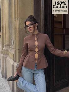 Siren Gaze Women's Cotton Mandarin-Collar Shirt With Frog Closures – Cut-Out Detail, Fitted Waist, And Ruffled Hem; Elegant & Versatile (Coffee Brown) - Brown - View 7