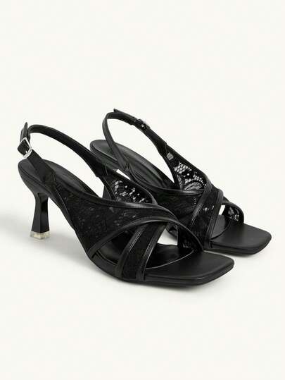 CUCCOO CHICEST Black Lace Splicing Square Toe High-Heeled Sandals Fairy, Fairy Mesh Slingback Thin Heel Versatile Commuter Shoes