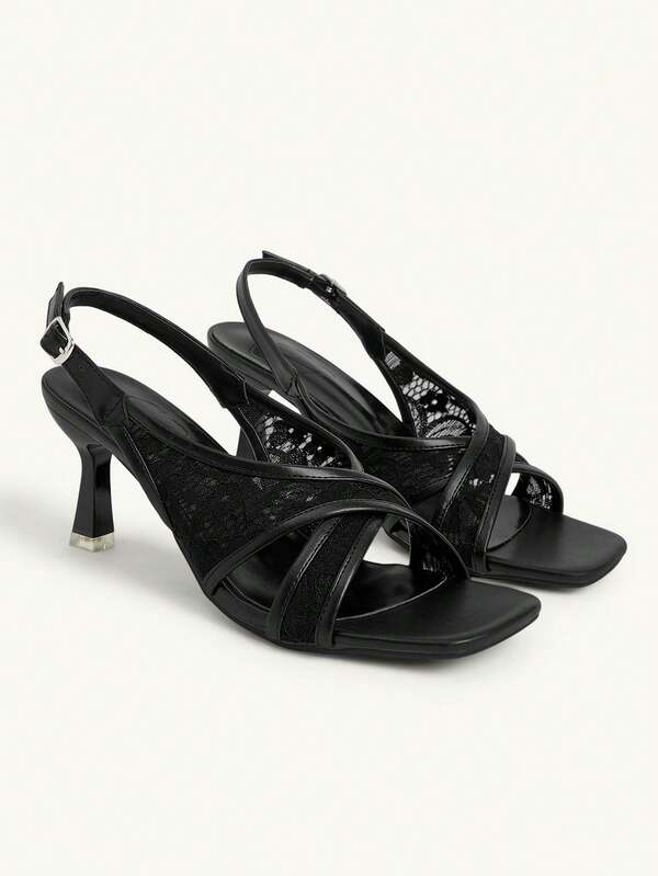 CUCCOO CHICEST Black Lace Splicing Square Toe High-Heeled Sandals Fairy, Fairy Mesh Slingback Thin Heel Versatile Commuter Shoes