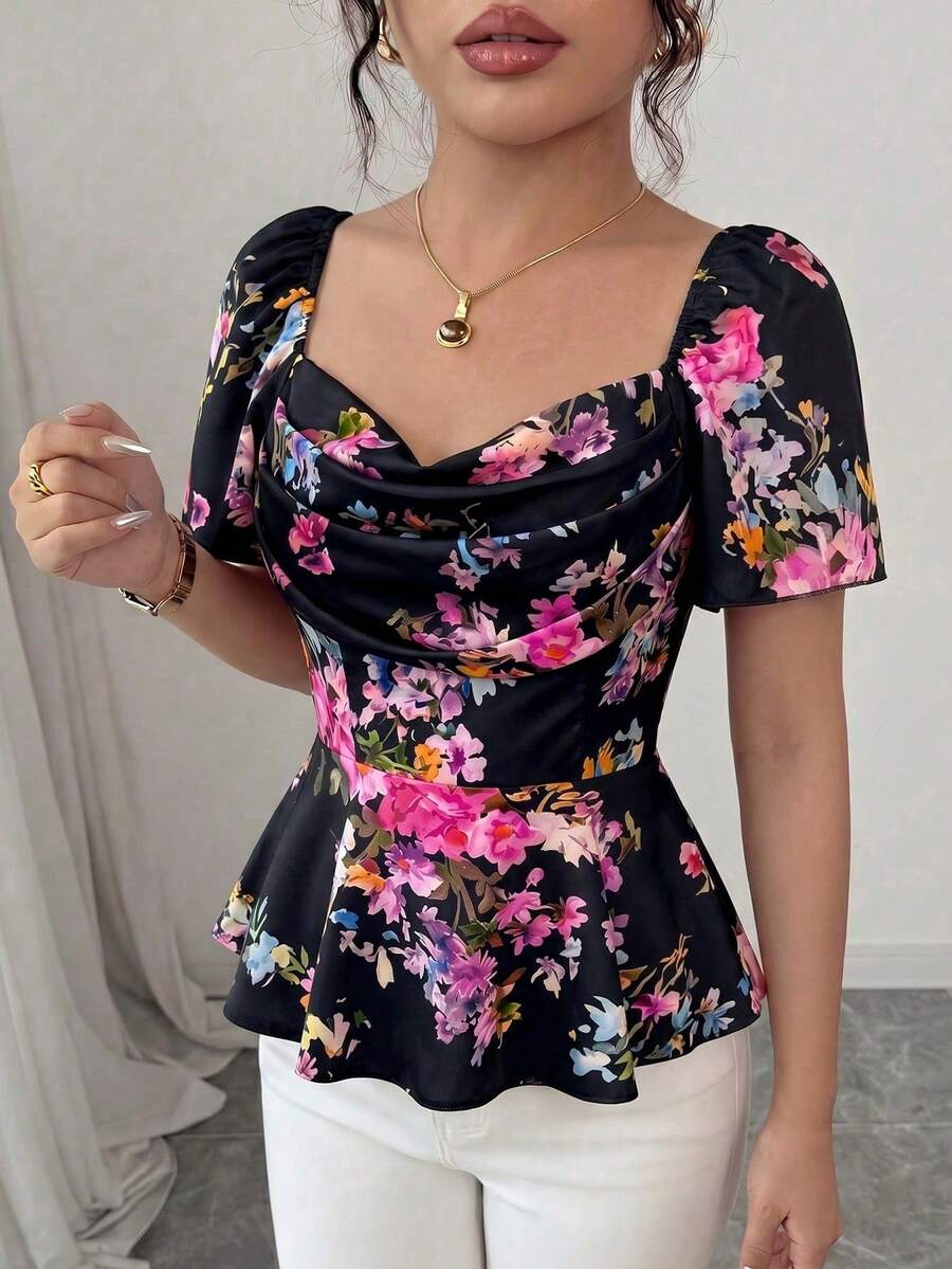 Elenzga 短袖垂領印花收腰優雅浪漫精緻女款襯衫 - 彩色 - 查看 1