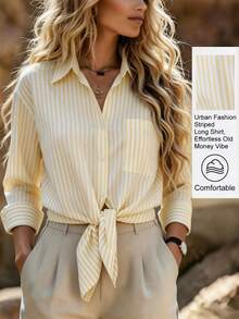 SHEIN Franclia Fashionable Loose Long Sleeve Shirt Front Tie Design Classic Striped Shirt Style Suitable For Daily Outings Vacation Dating White Autumn Casual - Multicolor - View 1