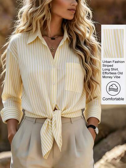 SHEIN Franclia Fashionable Loose Long Sleeve Shirt Front Tie Design Classic Striped Shirt Style Suitable For Daily Outings Vacation Dating White Autumn Casual