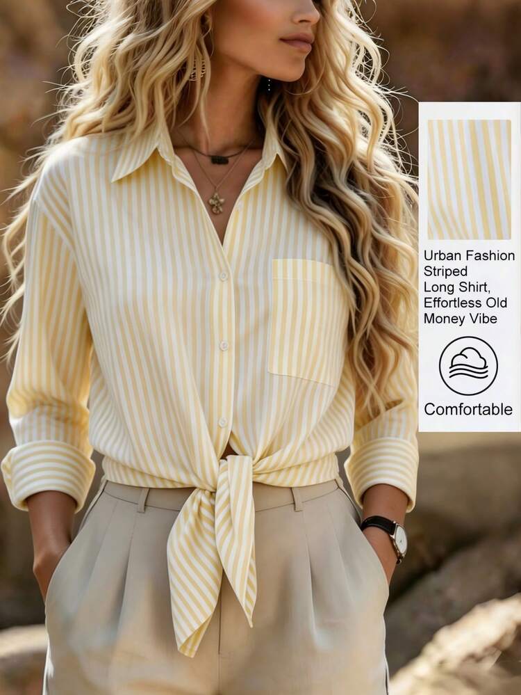 SHEIN Franclia 時尚寬鬆長袖襯衫 前綁帶設計 經典條紋襯衫風格 適合日常外出度假約會 白色秋季休閒 - 彩色 - 查看 1