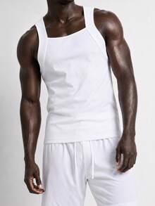 Rest Era Manfinity Men's Basic Casual Fashionable Comfortable Ribbed Fabric Black & White 2-Piece Vest & Shorts Loungewear Set - Black and White - View 5
