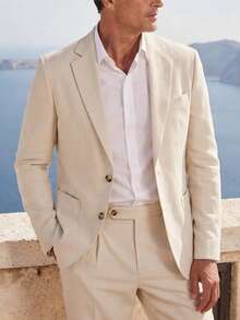 Manfinity Mode Men's Plus Size Elegant Beige Linen Blend Two-Button Suit, Two Pieces Set, Suitable For Wedding, Formal, Old Money - Apricot - View 5
