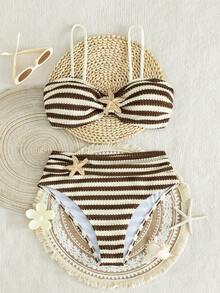 SHEIN Swim Women's Textured Striped Fabric Front Metal Decor 2 Pieces Swimwear Set, Summer Beach Party Vacation Style Swimwear - Multicolor - View 2