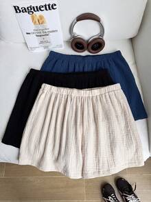 Comfortcana Conjunto de 3 piezas de pantalones cortos de lino de unicolor/multicolor cómodos casuales versátiles talla grande para primavera/verano - azul real - Ver 6
