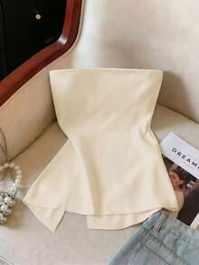 GlowEve CURVE Plus Size Side Ruched Split Hem Bandeau Top Slim Fit Waist Asymmetrical Short Cropped Tube Soft Non-Slip Minimalist Sexy Tank Brunch Beige - Beige - View 2