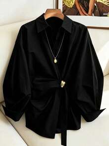 GlowEve CURVE Plus Size Women's V-Neck Pleated Fashion Blouse Fall - Black - View 5