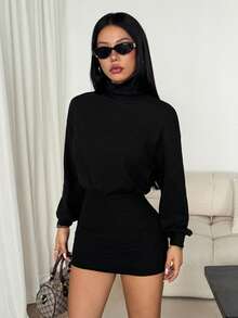 SHEIN PETITE High Neck Drop Shoulder Pleated Bodycon Dress - Black - View 5