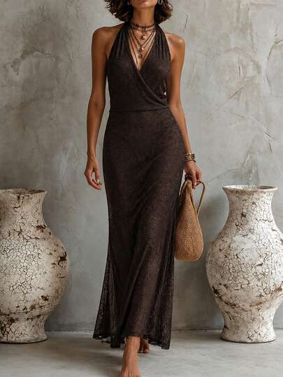 LUMIGAL New Elegant Minimalist Criss-Cross Deep V-Neck Waist-Cinching Dress