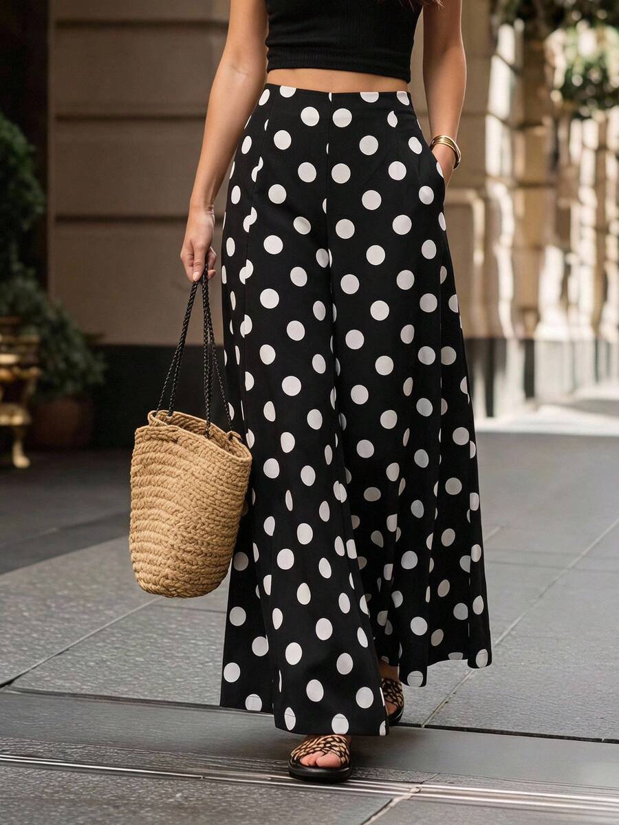 SHEIN European & American Style Spring/Summer New Fashion Versatile Watermark Large Polka Dot Loose Straight Leg Elegant Commute Vacation Casual Long Pants - Multicolor - View 1