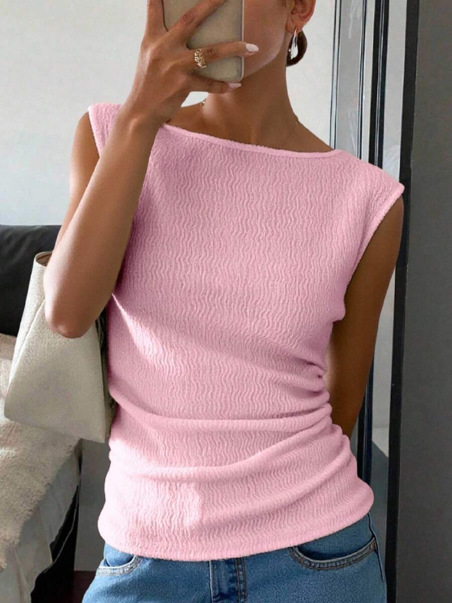 Nueva blusa de hombros descubiertos con textura, de manga corta ajustada y de moda para mujeres - Rosa - Ver 1