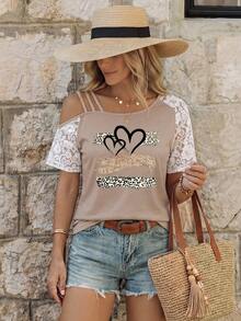 EMERY ROSE Women's Lace Patchwork Heart & Leopard Print T-Shirt Graphic Cheetah Print Tees Women Tops - Khaki - View 3