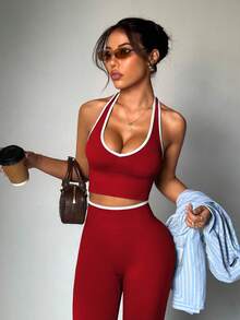 Dewbera Dewbera 女款拼色飾邊露背掛脖上衣與緊身褲運動套裝 - 紅色 - 查看 6