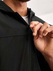 Driftmere 1pc Casual Sports Hooded Jacket, Zipper Closure, Regular Fit, Suitable For Hiking, Running, Outdoor Activities, Father''s Day - Black - View 8